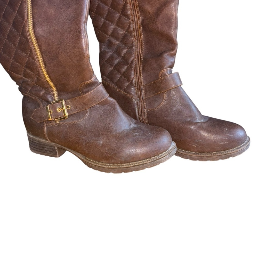 Knee High Brown Quilted Knit Riding Boots Women’s 7.5 Gold Buckle Zipper Accent - Picture 9 of 16
